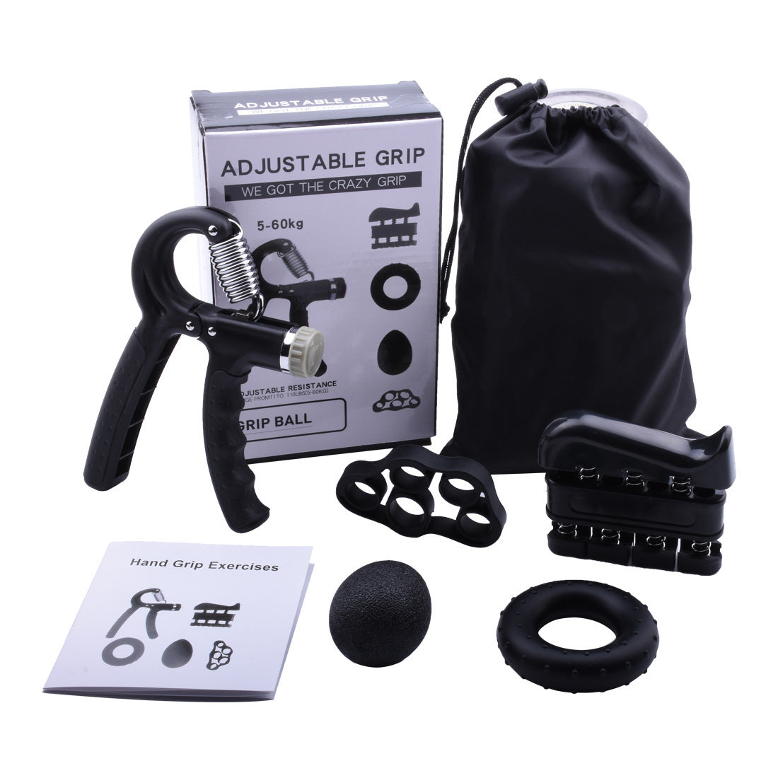 Black 5-Piece Hand Grip Strength Training Set - Adjustable Grip Exerciser, Silicone Grip Rings & Grip Ball V888-ELOSUNG21054