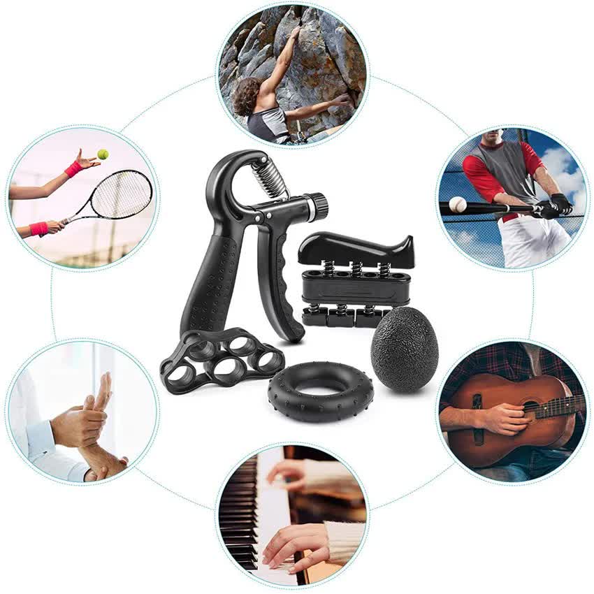 Black 5-Piece Hand Grip Strength Training Set - Adjustable Grip Exerciser, Silicone Grip Rings & Grip Ball V888-ELOSUNG21054