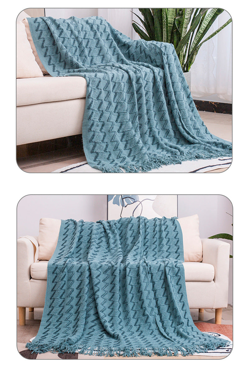 130*180CM Blue Modern Knitted Throw Blanket with Tassels - Soft & Lightweight for Sofa, Bed, and Office V888-ELOSUNG21130