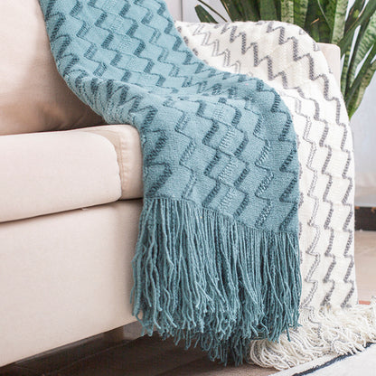 130*180CM Blue Modern Knitted Throw Blanket with Tassels - Soft & Lightweight for Sofa, Bed, and Office V888-ELOSUNG21130