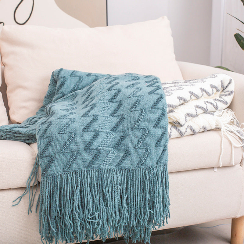 130*180CM Blue Modern Knitted Throw Blanket with Tassels - Soft & Lightweight for Sofa, Bed, and Office V888-ELOSUNG21130