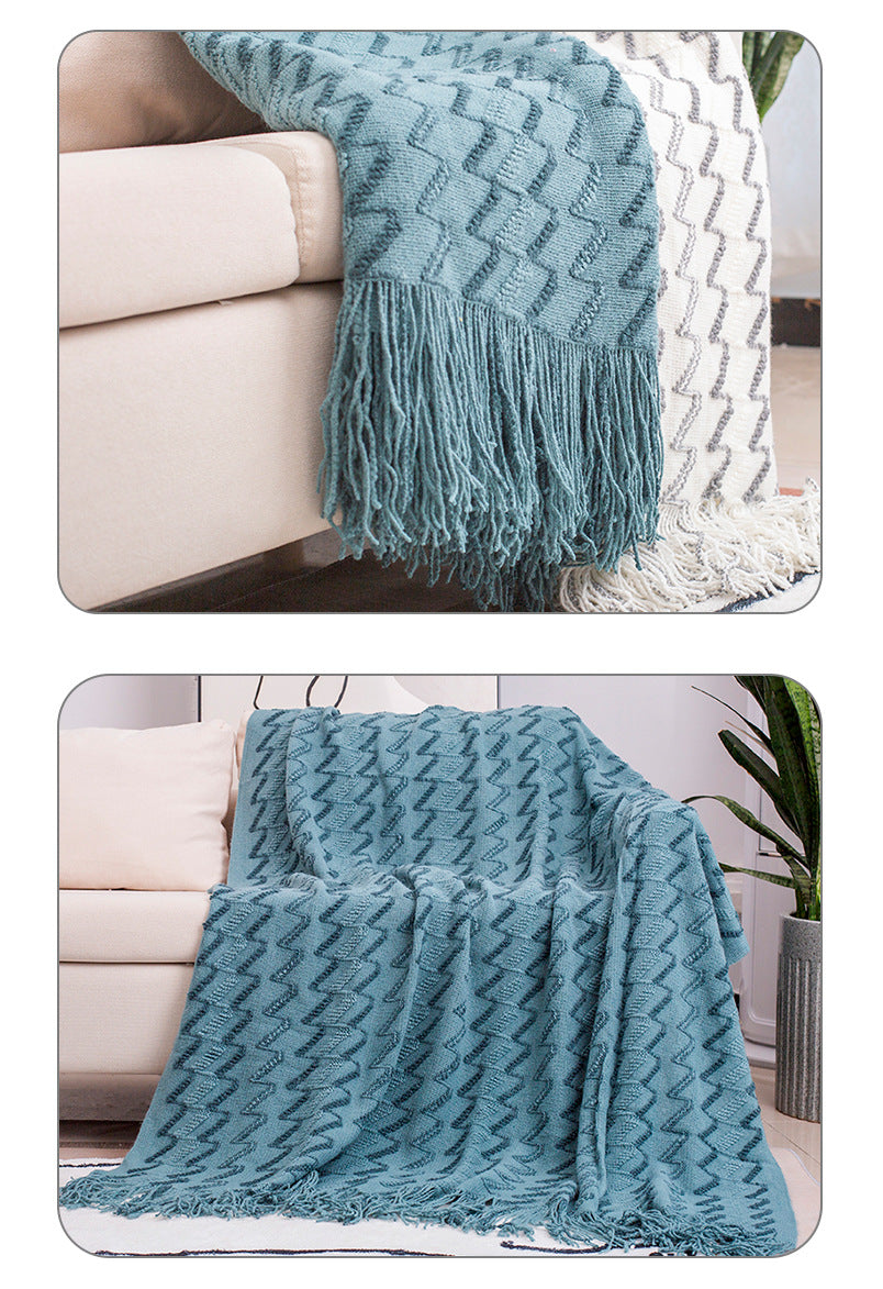 130*180CM Blue Modern Knitted Throw Blanket with Tassels - Soft & Lightweight for Sofa, Bed, and Office V888-ELOSUNG21130