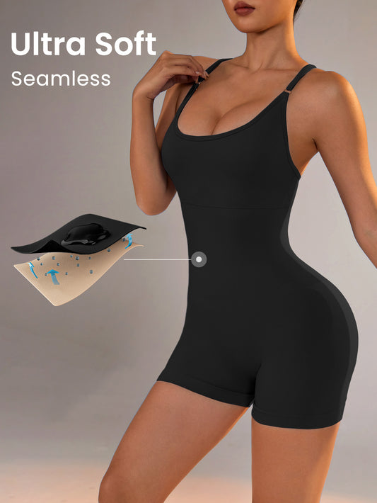 Size S Black Nylon Seamless Yoga Bodysuit - Women's Athletic Romper, Crisscross Back, Workout Jumpsuit V888-ELOSUNG21284