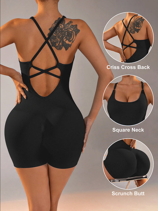 Size S Black Nylon Seamless Yoga Bodysuit - Women's Athletic Romper, Crisscross Back, Workout Jumpsuit V888-ELOSUNG21284