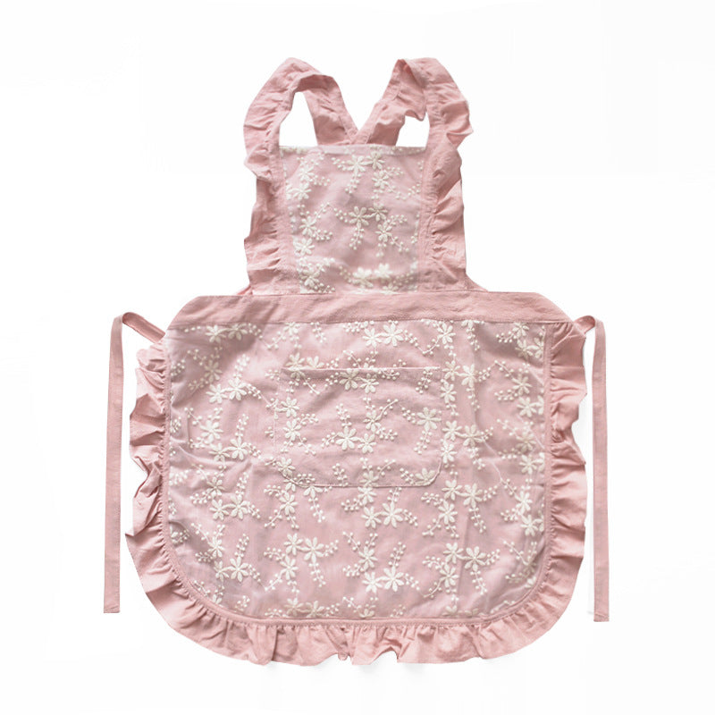 Pink Ruffled Kitchen Apron with Floral Lace - Comfortable Baking & Crafting Apron V888-ELOSUNG21356