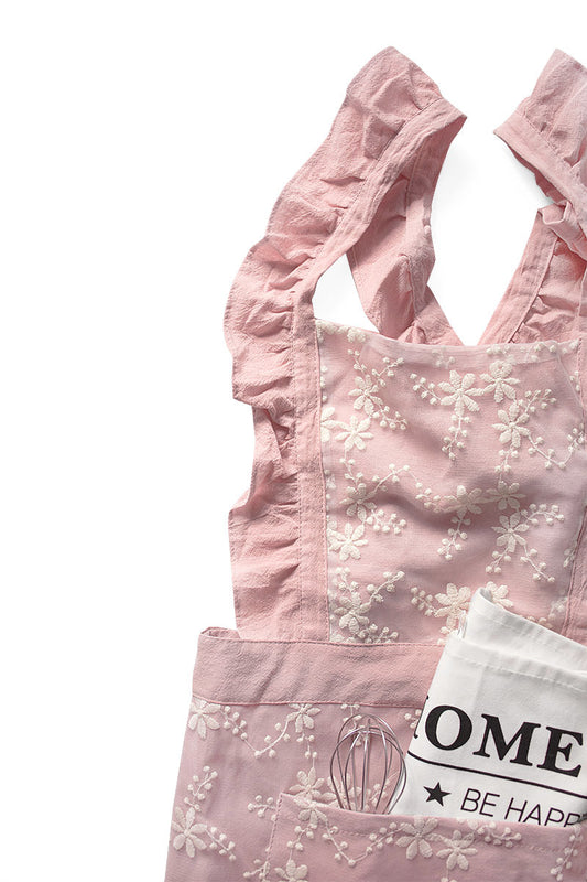 Pink Ruffled Kitchen Apron with Floral Lace - Comfortable Baking & Crafting Apron V888-ELOSUNG21356