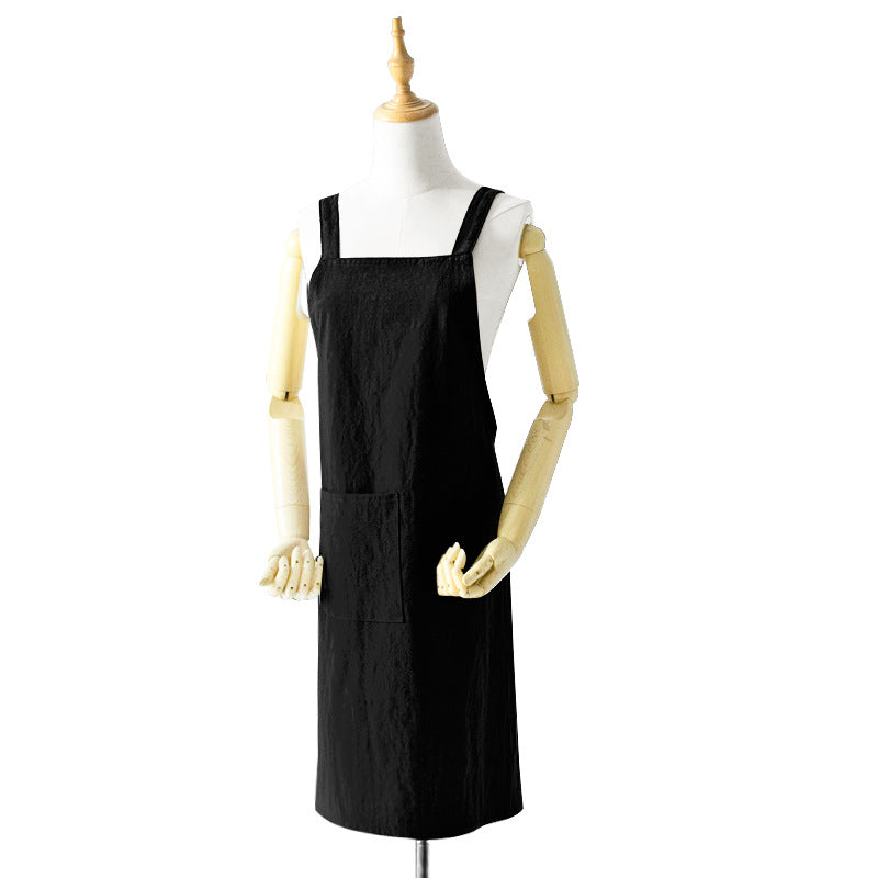 Black Cotton Linen H-Back Apron - Solid Color Kitchen Cooking Apron with Pocket V888-ELOSUNG21366