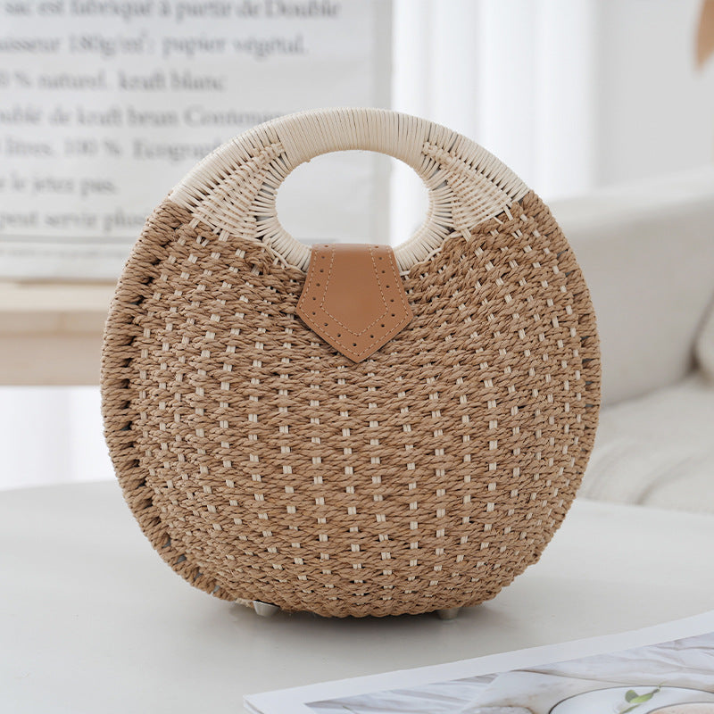 Khaki Boho Circle Straw Bag - Stylish Woven Tote with Round Handles V888-ELOSUNG21378