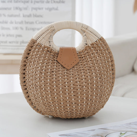 Khaki Boho Circle Straw Bag - Stylish Woven Tote with Round Handles V888-ELOSUNG21378