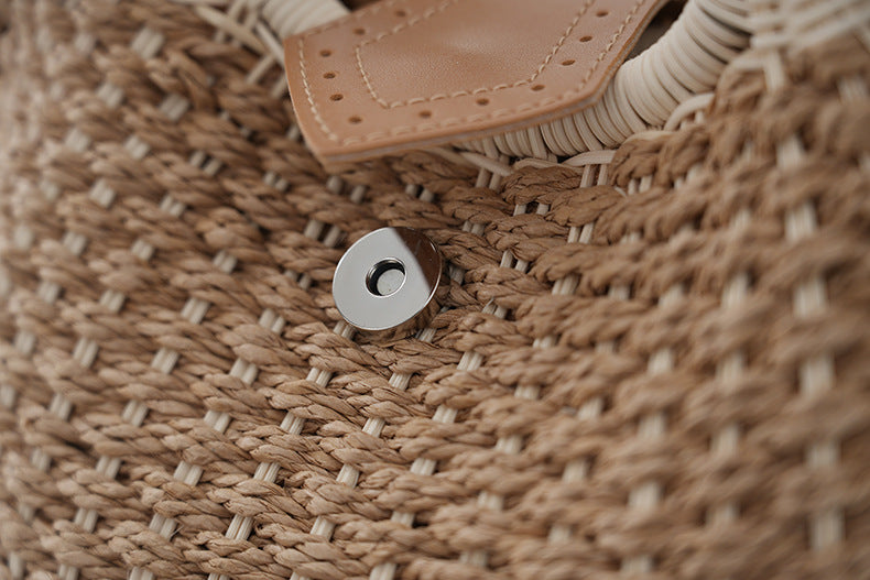 Khaki Boho Circle Straw Bag - Stylish Woven Tote with Round Handles V888-ELOSUNG21378