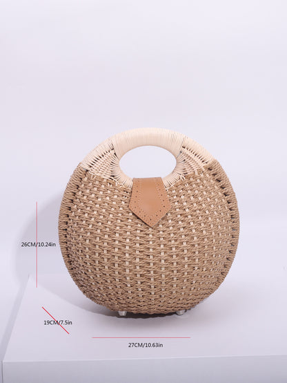 Khaki Boho Circle Straw Bag - Stylish Woven Tote with Round Handles V888-ELOSUNG21378