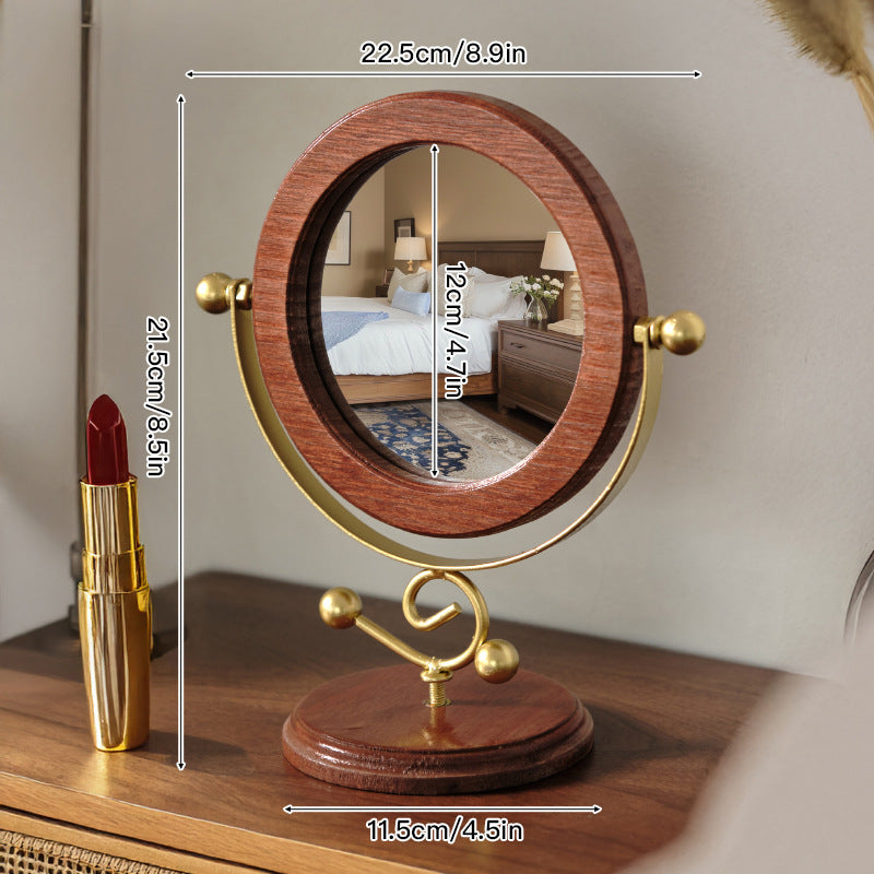 Gold and Brown Vintage Solid Wood Makeup Mirror - 360 degrees Rotating Desktop Vanity Mirror V888-ELOSUNG21495