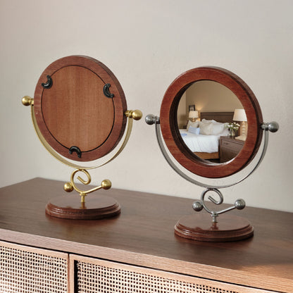 Gold and Brown Vintage Solid Wood Makeup Mirror - 360 degrees Rotating Desktop Vanity Mirror V888-ELOSUNG21495