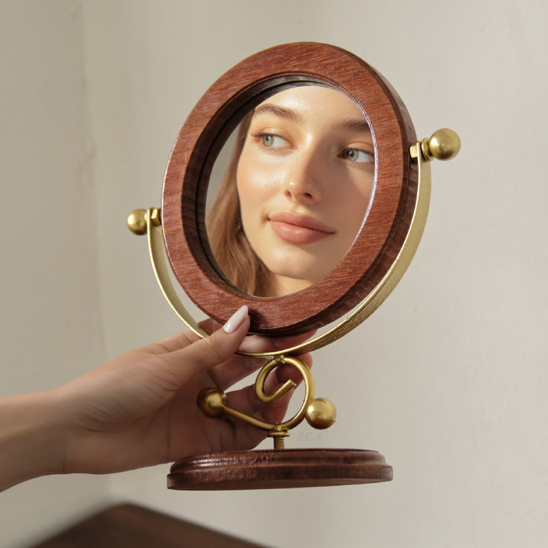 Gold and Brown Vintage Solid Wood Makeup Mirror - 360 degrees Rotating Desktop Vanity Mirror V888-ELOSUNG21495