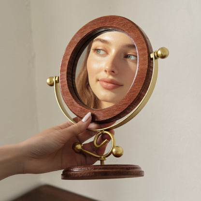 Gold and Brown Vintage Solid Wood Makeup Mirror - 360 degrees Rotating Desktop Vanity Mirror V888-ELOSUNG21495