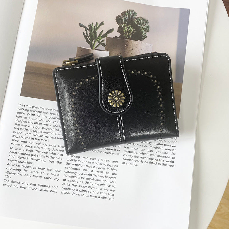 Black Vintage PU Leather Women's Short Wallet - Elegant Zipper Coin Pocket Multi-Function Card Holder V888-ELOSUNG21558
