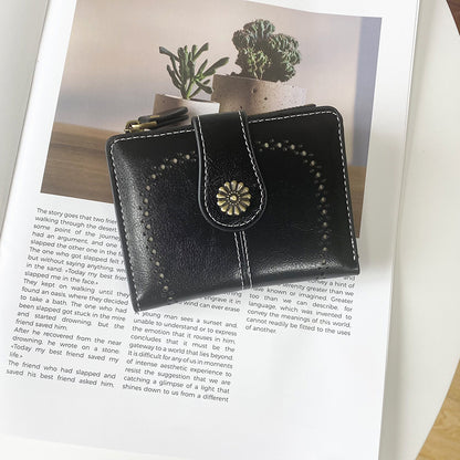 Black Vintage PU Leather Women's Short Wallet - Elegant Zipper Coin Pocket Multi-Function Card Holder V888-ELOSUNG21558