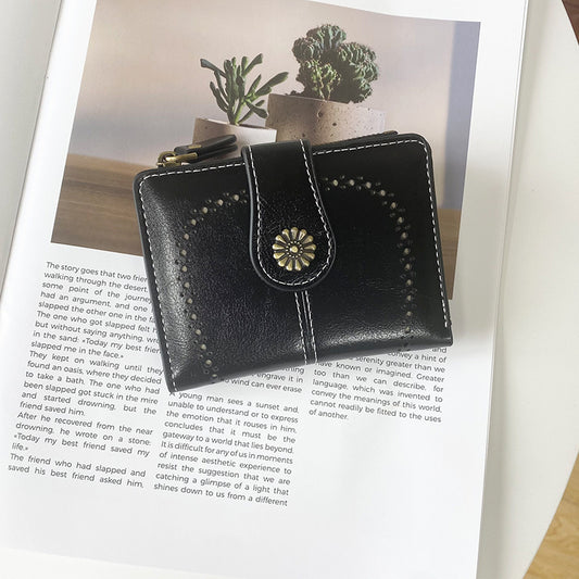 Black Vintage PU Leather Women's Short Wallet - Elegant Zipper Coin Pocket Multi-Function Card Holder V888-ELOSUNG21558