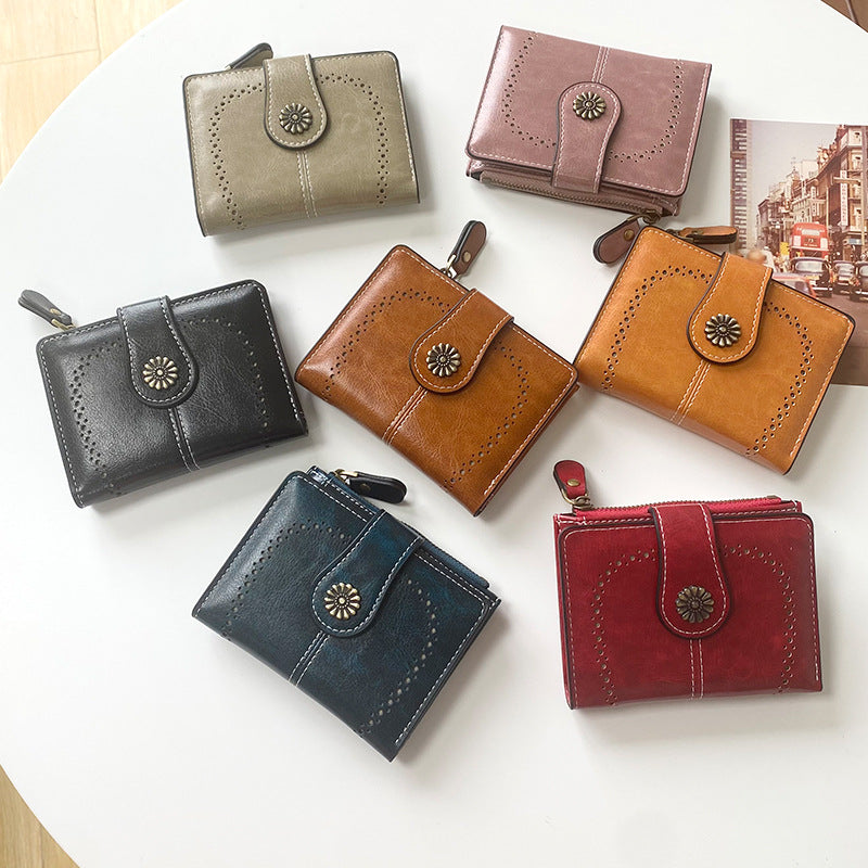 Black Vintage PU Leather Women's Short Wallet - Elegant Zipper Coin Pocket Multi-Function Card Holder V888-ELOSUNG21558
