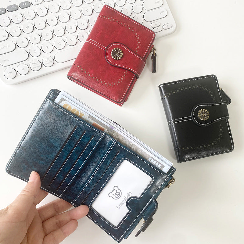 Black Vintage PU Leather Women's Short Wallet - Elegant Zipper Coin Pocket Multi-Function Card Holder V888-ELOSUNG21558