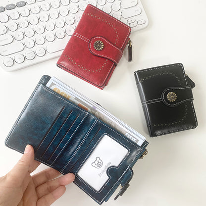 Black Vintage PU Leather Women's Short Wallet - Elegant Zipper Coin Pocket Multi-Function Card Holder V888-ELOSUNG21558