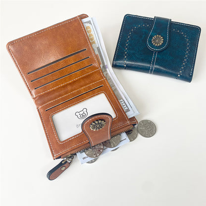 Black Vintage PU Leather Women's Short Wallet - Elegant Zipper Coin Pocket Multi-Function Card Holder V888-ELOSUNG21558