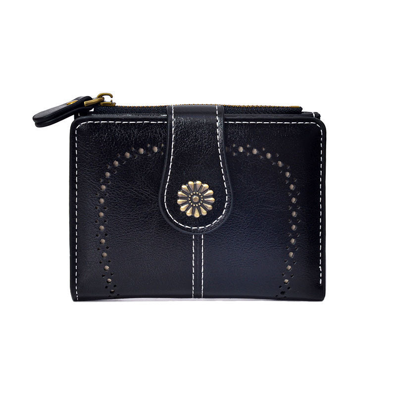 Black Vintage PU Leather Women's Short Wallet - Elegant Zipper Coin Pocket Multi-Function Card Holder V888-ELOSUNG21558