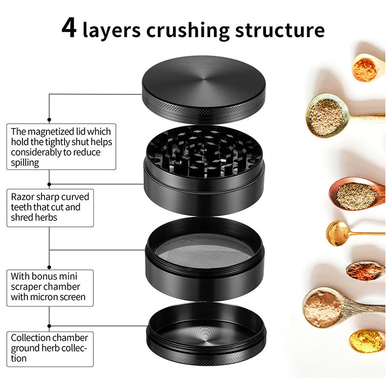 Grey Premium 4-Layer Zinc Alloy Herb Grinder - Magnetic Lid & Fine Grinding, 63mm, 162g V888-ELOSUNG21644