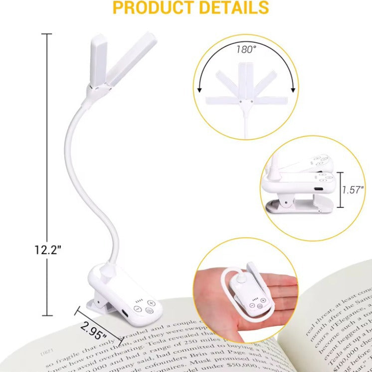 White Rechargeable Dual-Head Clip-On Book Light - Touch Control Reading Lamp with Eye Protection V888-ELOSUNG21722