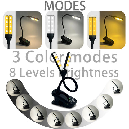 White Rechargeable Dual-Head Clip-On Book Light - Touch Control Reading Lamp with Eye Protection V888-ELOSUNG21722
