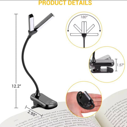 Black Rechargeable Dual-Head Clip-On Book Light - Touch Control Reading Lamp with Eye Protection V888-ELOSUNG21723