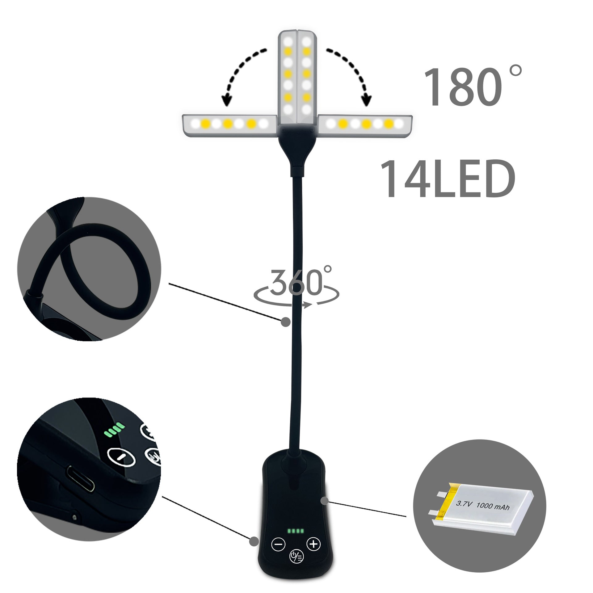 Black Rechargeable Dual-Head Clip-On Book Light - Touch Control Reading Lamp with Eye Protection V888-ELOSUNG21723