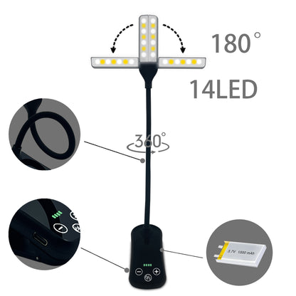 Black Rechargeable Dual-Head Clip-On Book Light - Touch Control Reading Lamp with Eye Protection V888-ELOSUNG21723