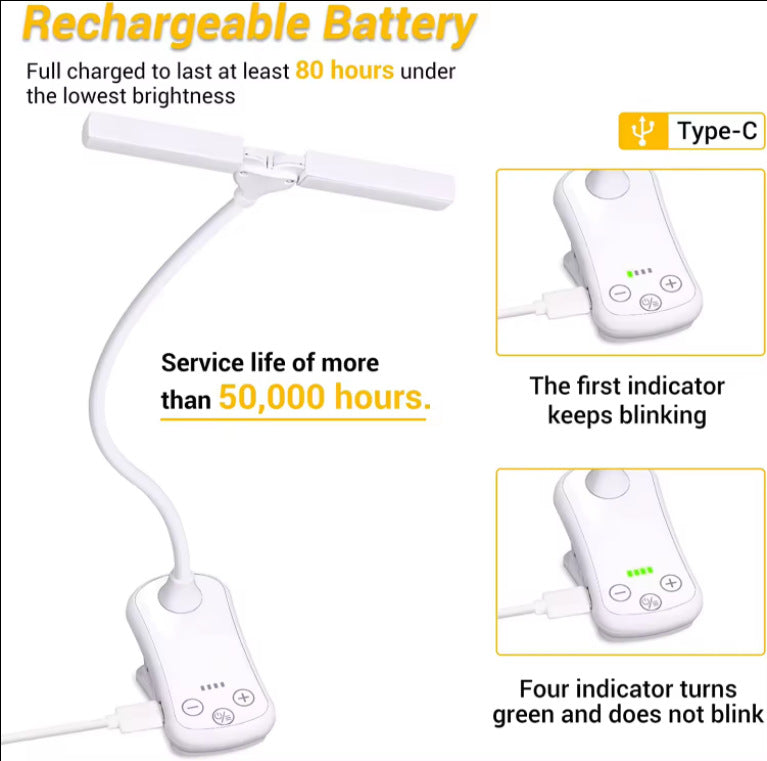 Black Rechargeable Dual-Head Clip-On Book Light - Touch Control Reading Lamp with Eye Protection V888-ELOSUNG21723