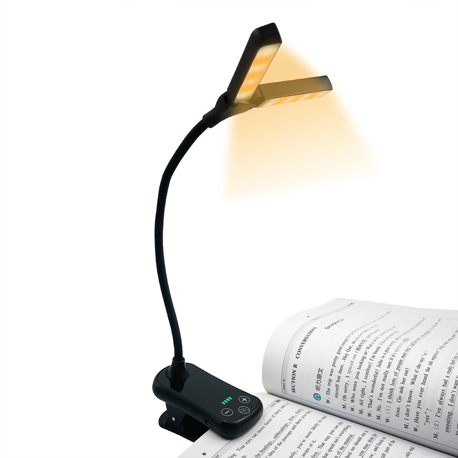 Black Rechargeable Dual-Head Clip-On Book Light - Touch Control Reading Lamp with Eye Protection V888-ELOSUNG21723