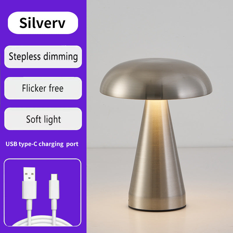 Silver Metal Mushroom Table Lamp - Rechargeable Touch Control Ambient Light with Remote V888-ELOSUNG21725