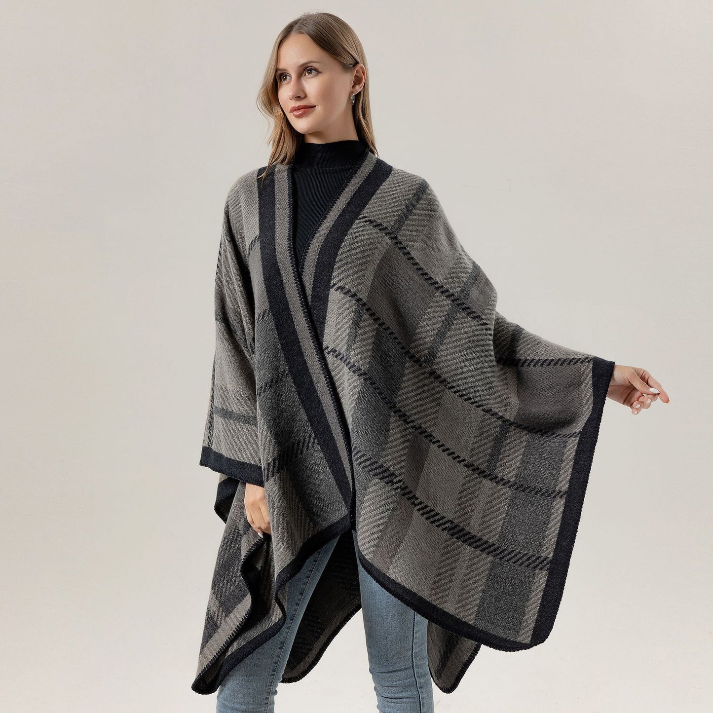 Grey Ethnic Boho Shawl for Women - Stylish Split Cape for Travel and Cooling Rooms V888-ELOSUNG21764