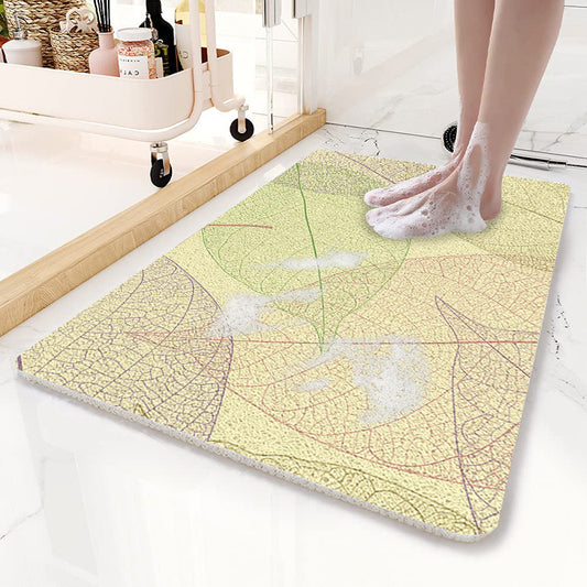 Yellow Leaves Pattern PVC Non-Slip Bath Mat 45x75cm - Shower Drain Hole Design, Soft & Quick-Dry Bathroom Rug V888-ELOSUNG21795