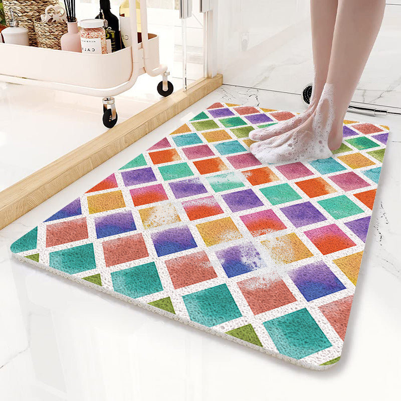 Colorful Diamond Pattern PVC Non-Slip Bath Mat 45x75cm - Shower Drain Hole Design, Soft & Quick-Dry Bathroom V888-ELOSUNG21798