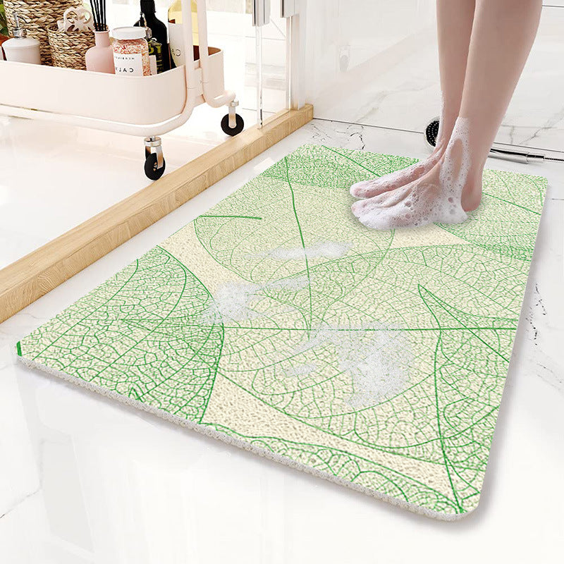 Green Leaves Pattern PVC Non-Slip Bath Mat 50x80cm - Shower Drain Hole Design, Soft & Quick-Dry Bathroom Rug V888-ELOSUNG21806