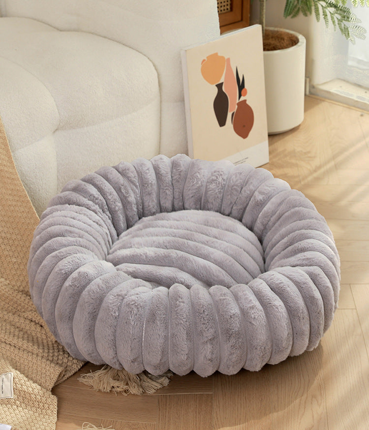 Grey Plush Pet Bed - 40cm Round Dog & Cat Mat, Cozy PP Cotton Filled, Comfortable Pet Supplies V888-ELOSUNG21843