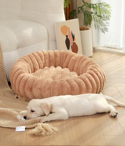 Khaki Plush Pet Bed - 40cm Round Dog & Cat Mat, Cozy PP Cotton Filled, Comfortable Pet Supplies V888-ELOSUNG21845
