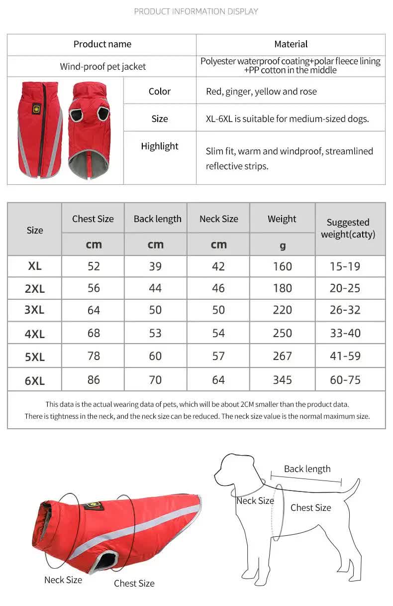 Size 5XL Pink Reflective Winter Dog Jacket - Warm & Waterproof Outdoor Coat for Large Breeds V888-ELOSUNG21909