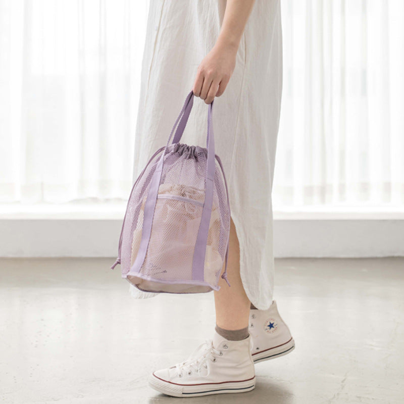Purple Lightweight Mesh Drawstring Beach Bag - Portable Travel Organizer for Toiletries and Essentials V888-ELOSUNG21923