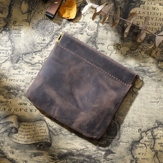 Coffee Genuine Leather Coin Purse - Vintage Style Snap Closure Mini Pouch V888-ELOSUNG22166