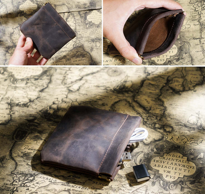 Coffee Genuine Leather Coin Purse - Vintage Style Snap Closure Mini Pouch V888-ELOSUNG22166