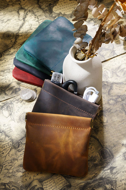 Coffee Genuine Leather Coin Purse - Vintage Style Snap Closure Mini Pouch V888-ELOSUNG22166