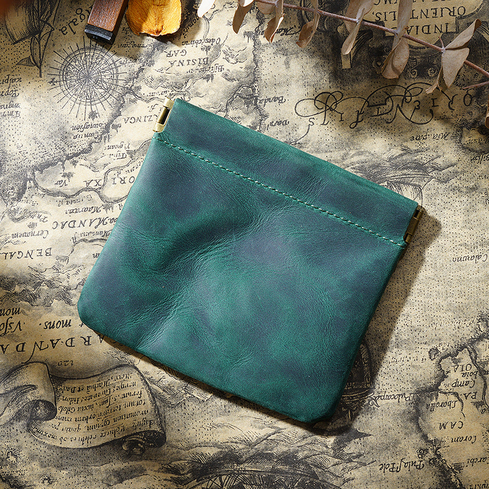Dark Green Genuine Leather Coin Purse - Vintage Style Snap Closure Mini Pouch V888-ELOSUNG22167