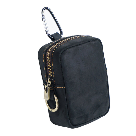 Black Genuine Leather Belt Pouch - Mini Waist Bag with Zipper and Carabiner V888-ELOSUNG22170