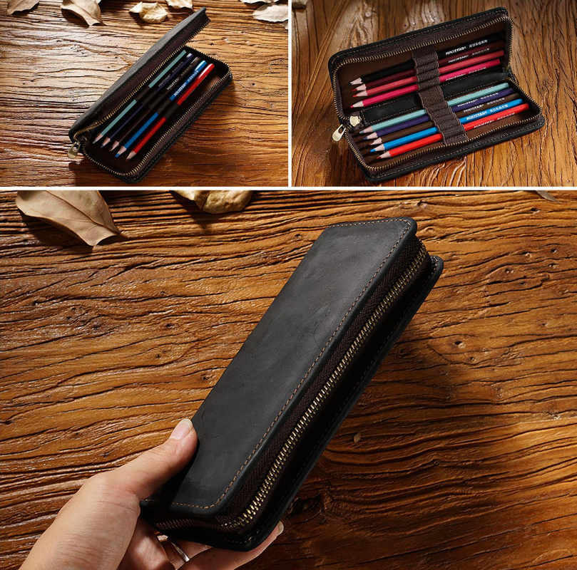 Black Genuine Leather Pencil Case - Vintage Zip-Up Pen Holder with Elastic Loops V888-ELOSUNG22176